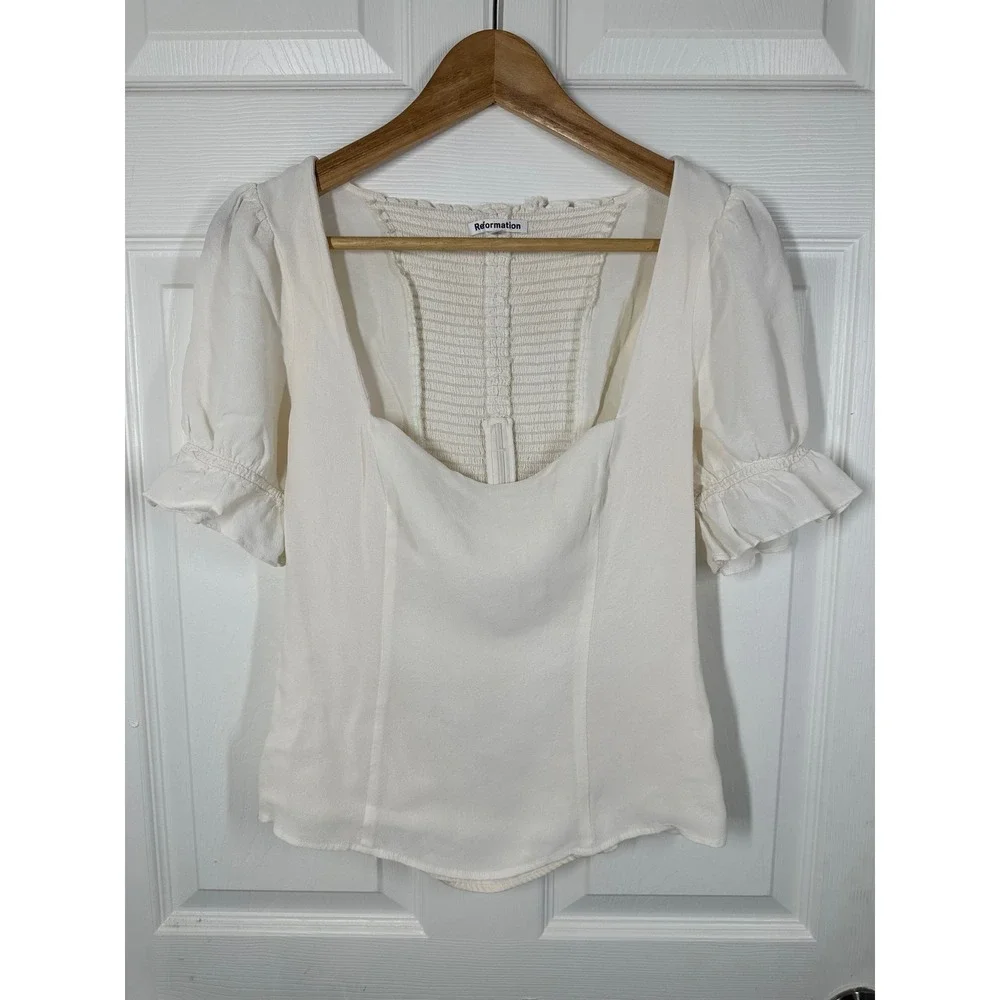 Reformation Top Womens 12 Ivory Gellar Blouse Smocked Back Puff Sleeve Ruffle